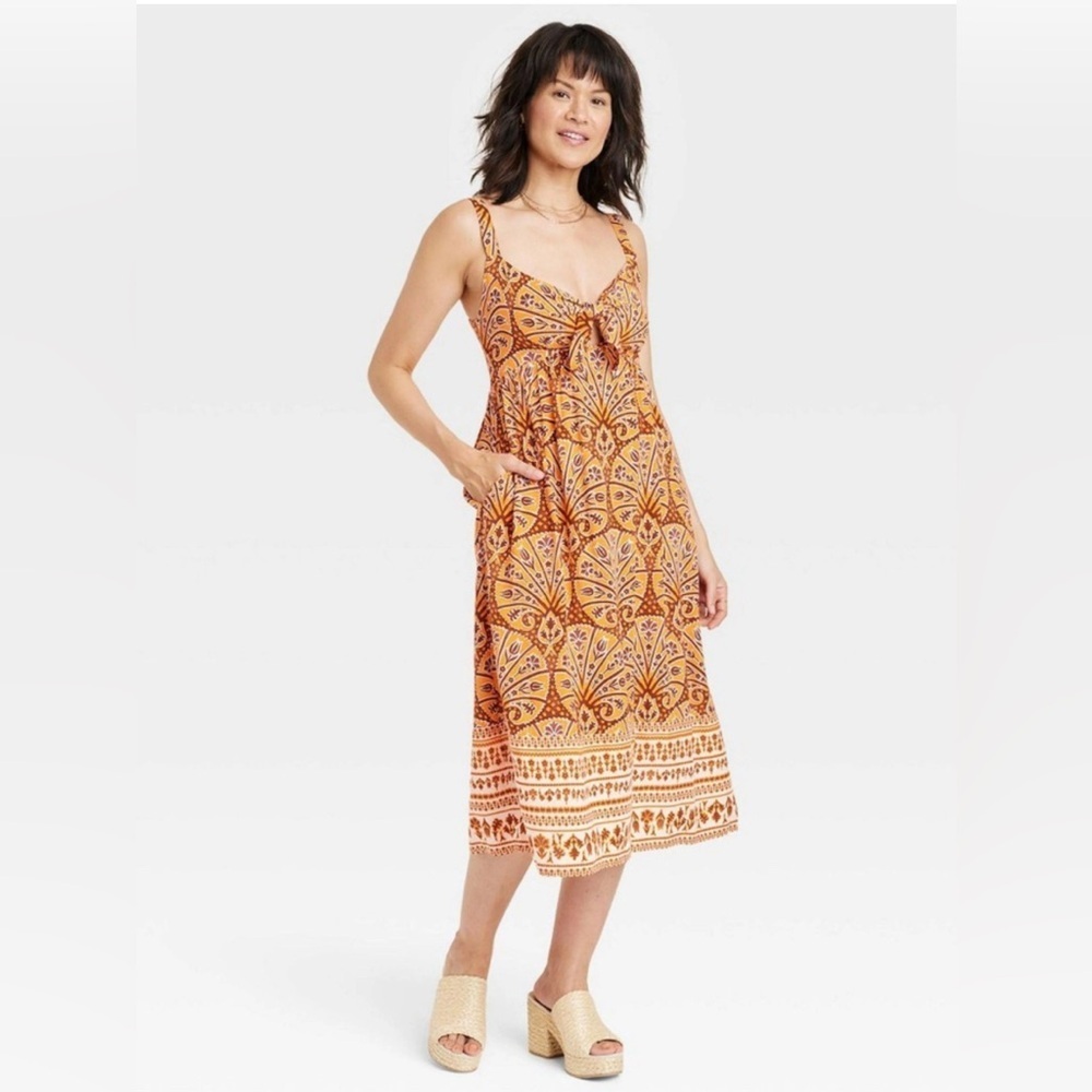 Knox Rose Boho Midi Dress Size XL Orange Brown‎ Smocked Sweetheart Side Pockets